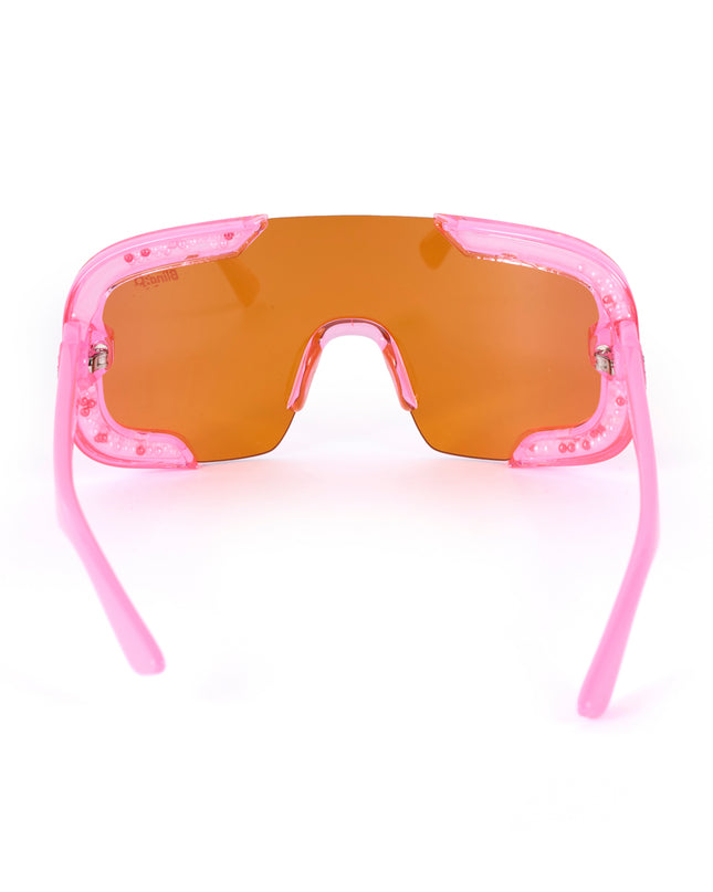 back product shot of pink sand kids' sunglasses in color sprinkle pink featuring shield frame with 3-d sprinkles in the frame, heart insignia and all pink frame and lens