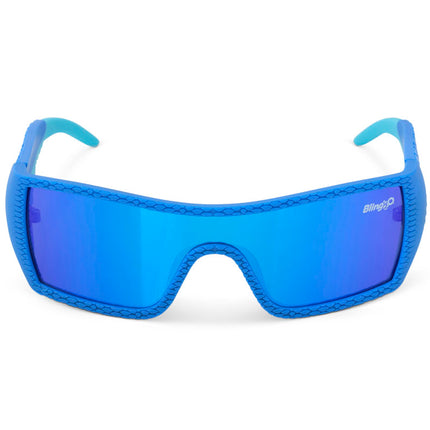 front view of sand harbor kids' sunglasses in sky blue stegosaur showing a sleek frame and dino texture