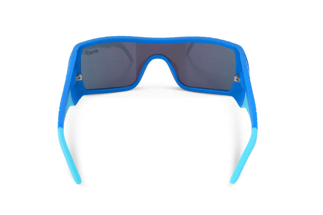 back view of sand harbor kids' sunglasses in sky blue stegosaur showing a sleek frame 