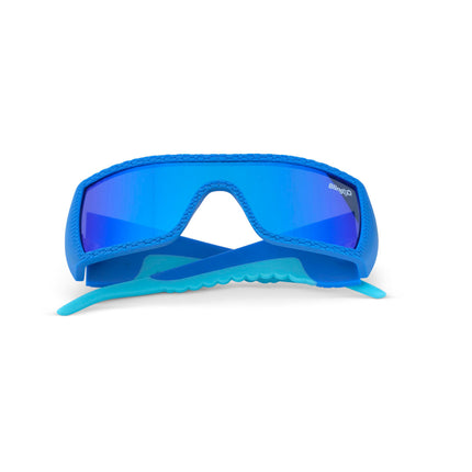 sand harbor kids' sunglasses in sky blue stegosaur showing a sleek frame and dino textured arm of sunglass