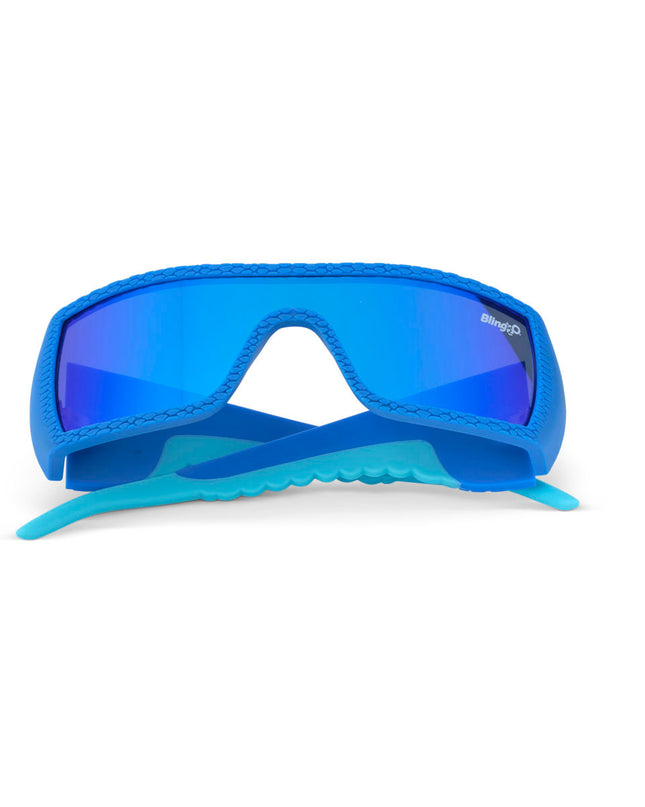 sand harbor kids' sunglasses in sky blue stegosaur showing a sleek frame and dino textured arm of sunglass