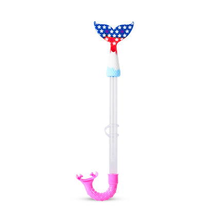 standing up view of cove snorkel in fin of freedom showing a red white and blue mermaid tail with stars 