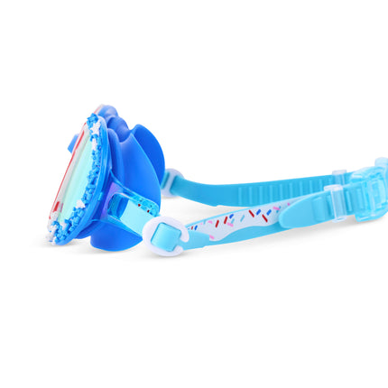 close-up view of cupcakes kids' swim goggles in star stripes and sprinkles showing icing printed on strap