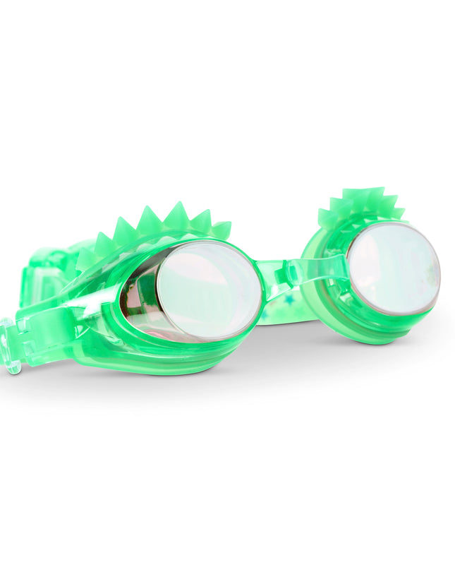 side view of liberty special edition swim goggles showing liberty spikes on a liberty green frame and tinted lens