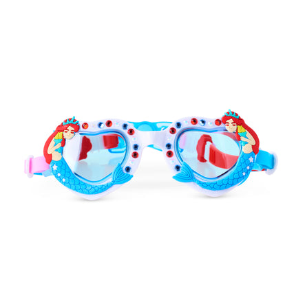 front view of mystical creatures kids swim goggles in free as a mermaid featuring rhinestones and lady of liberty mermaid 