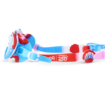 side view of mystical creatures kids swim goggles in free as a mermaid featuring america250 logo and seashell silicone slider