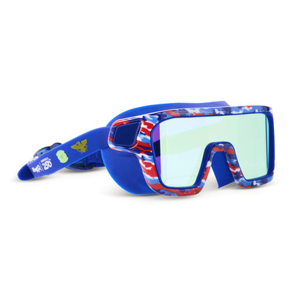 angled view of special ops kids' swim goggles in commander in camo showing camo printed frame and mirrored lens