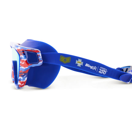 side view of special ops kids' swim goggles in commander in camo showing camo printed frame and strap showing america250 logo