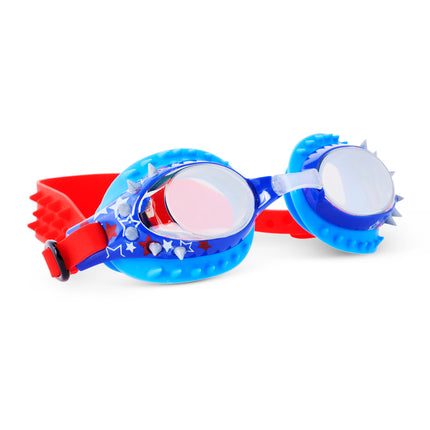 angled view of prehistoric times kids' swim goggles in prehistoric and proud showing silicone spikes and stars printed on frame