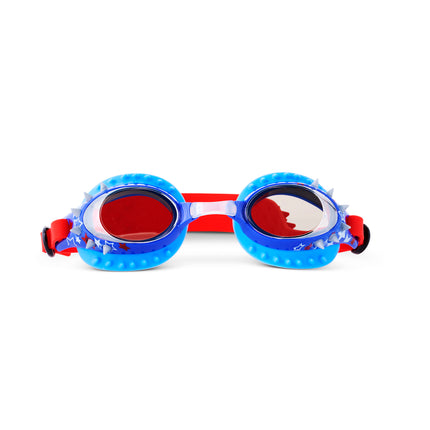 front view of prehistoric times kids' swim goggles in prehistoric and proud showing silicone spikes and stars printed on frame