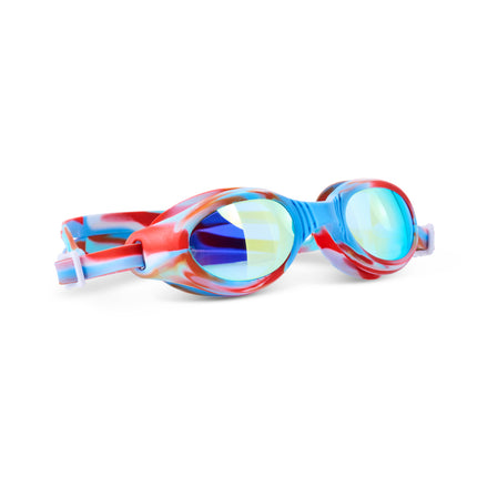 angled view of salt water taffy kids' swim goggles in freedom swirl showing all silicone frame with swirls of red, white and blue and reflective lens