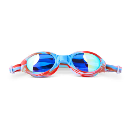 front view of salt water taffy kids' swim goggles in freedom swirl showing all silicone frame with swirls of red, white and blue and reflective lens