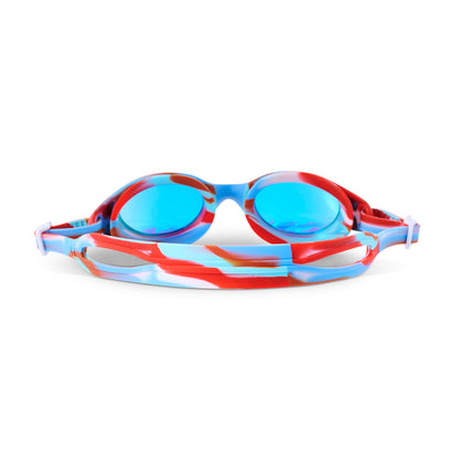 back view of salt water taffy kids' swim goggles in freedom swirl showing all silicone strap with swirls of red, white and blue and reflective lens