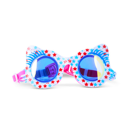 front view of savvy cat kids' swim goggles in purrfect pink party showing stars printed on the frame and faux blue eyelashes