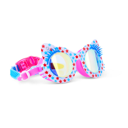 angled view of savvy cat kids' swim goggles in purrfect pink party showing stars printed on the frame and faux blue eyelashes