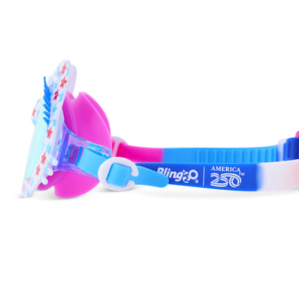 side view of savvy cat kids' swim goggles in purrfect pink party showing stars printed on the frame and america50 logo