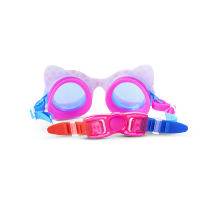 back view of savvy cat kids' swim goggles in purrfect pink party showing back clip
