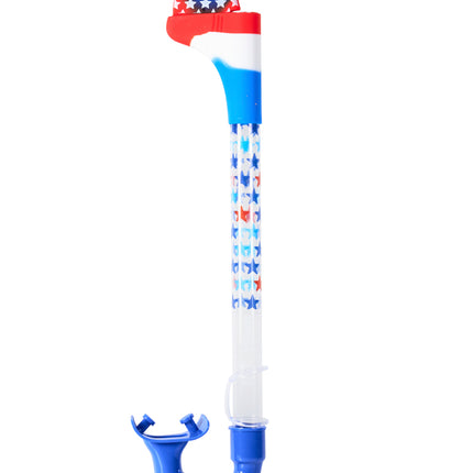 standing up view of shark fin snorkel in blue bite showing a red white and blue pattern with stars