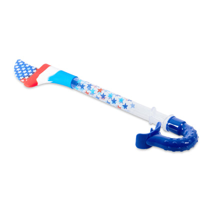 lying down view of shark fin snorkel in blue bite showing a red white and blue pattern with stars