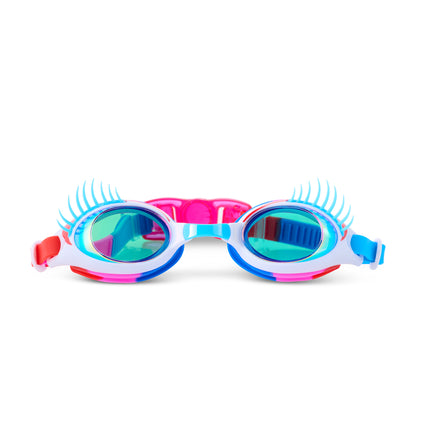 front view of splash lash kids' swim goggles in blue lashes & 4th bashes showing blue eyelashes and blue lenses