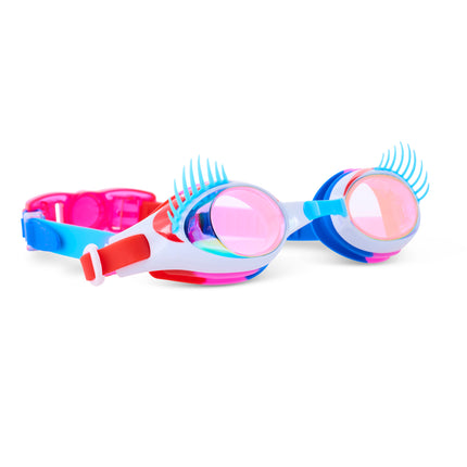 angled view of splash lash kids' swim goggles in blue lashes & 4th bashes showing blue eyelashes and red printed eyeshadow