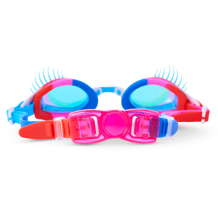 back view of splash lash kids' swim goggles in blue lashes & 4th bashes showing back clip