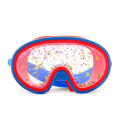 front view of fireworks kids' swim mask in bursting blue showing cheerful confetti free floating in double lens swim mask
