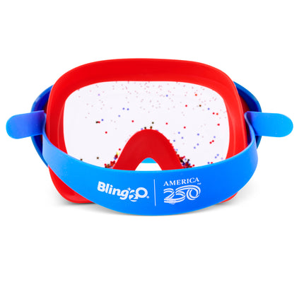 back view of fireworks kids' swim mask in bursting blue showing america250 logo