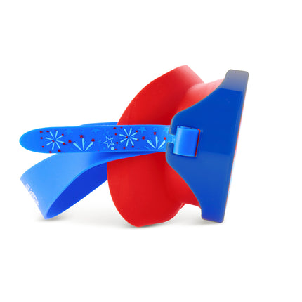 side view of fireworks kids' swim mask in bursting blue showing red gasket and fireworks printed strap