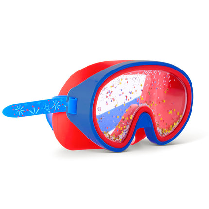 angle view of fireworks kids' swim mask in bursting blue showing cheerful confetti free floating in double lens swim mask and fireworks printed strap