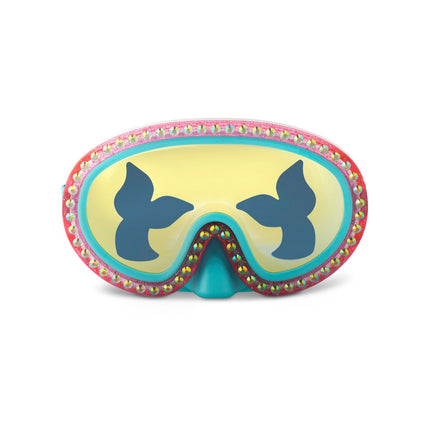 blue sea kids' swim mask with nose piece in blue sushi colorway showing reflective translucent mermaid tail print lens on rhinestone glitter frame