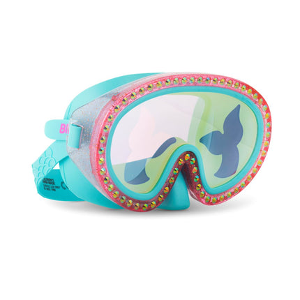 angled view of blue sea kids' swim mask with nose piece in blue sushi colorway showing reflective translucent mermaid tail print lens on rhinestone glitter frame