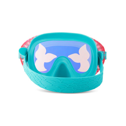 back view of blue sea kids' swim mask with nose piece in blue sushi colorway showing reflective translucent mermaid tail print lens and mermaid tail textured strap