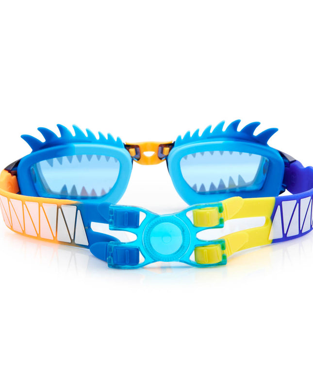 back view of draco the dragon kids' swim goggles in blue dragon showing the strap detail with back clip