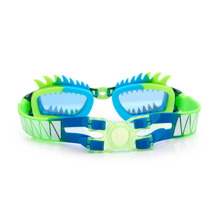 back view of draco the dragon kids' swim goggles in sea dragon green showing strap detail and back clip