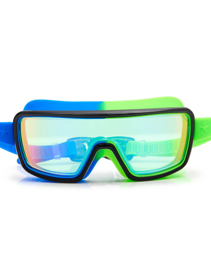 swim goggles in cyborg cyan showing wide frame, neon colored gasket and mirrored lens