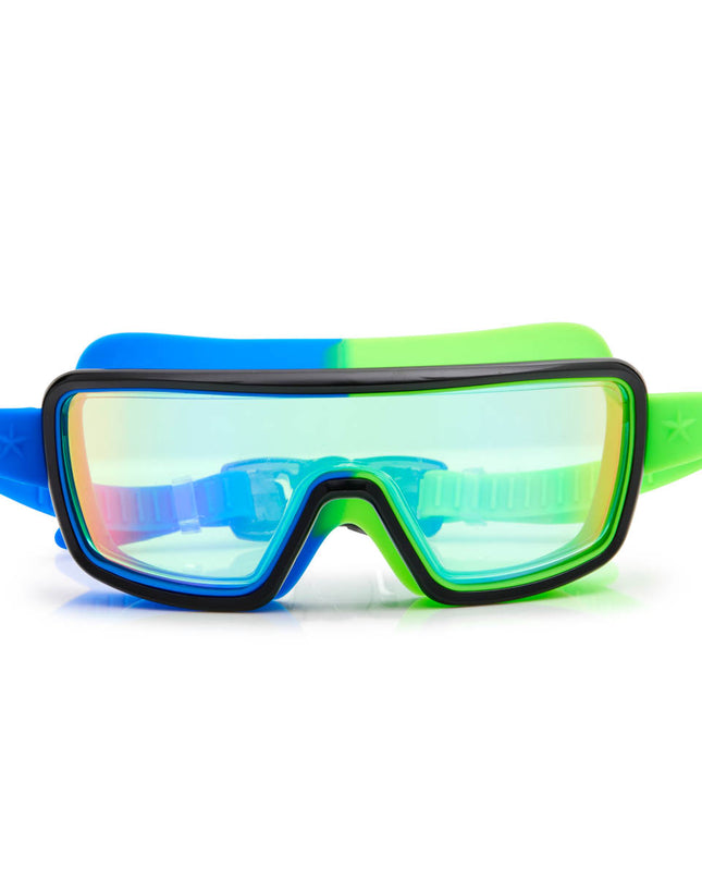 swim goggles in cyborg cyan showing wide frame, neon colored gasket and mirrored lens
