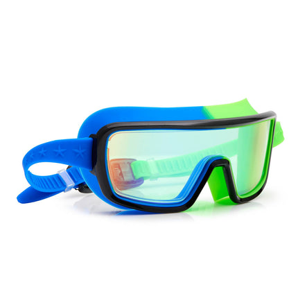 angled view of swim goggles in cyborg cyan showing wide frame, neon colored gasket and mirrored lens