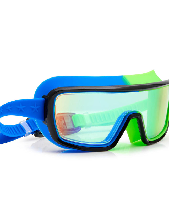 angled view of swim goggles in cyborg cyan showing wide frame, neon colored gasket and mirrored lens