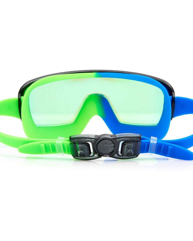 back view of swim goggles in cyborg cyan showing strap with back clip