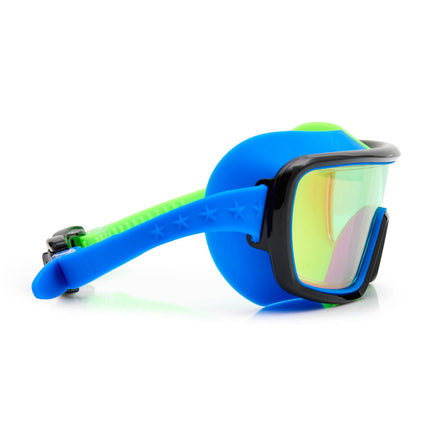 close-up view of swim goggles in cyborg cyan showing wide frame, neon colored gasket and mirrored lens