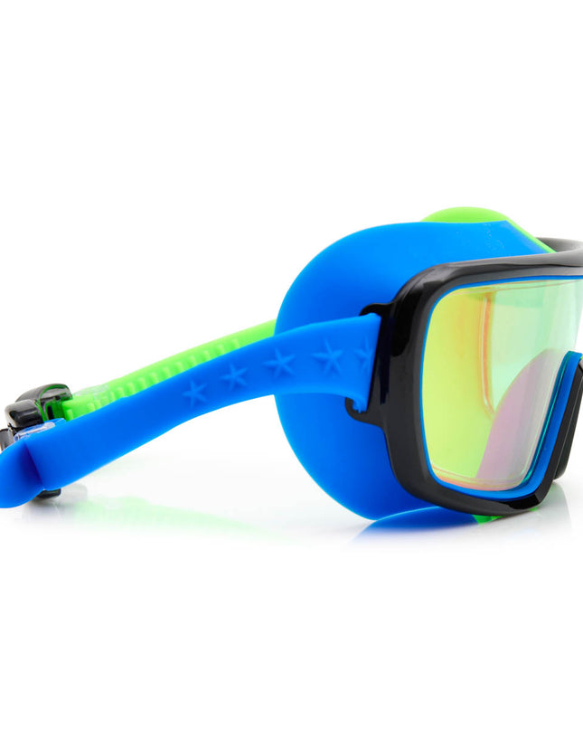 close-up view of swim goggles in cyborg cyan showing wide frame, neon colored gasket and mirrored lens