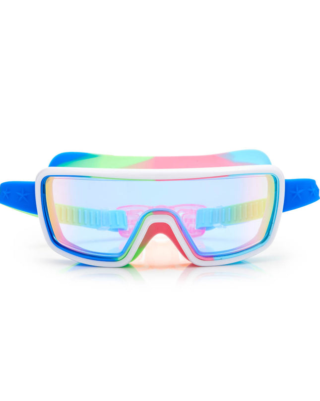 prismatic swim goggles in gadget green showing reflective wide lens and orange, green and blue colored silicone gasket
