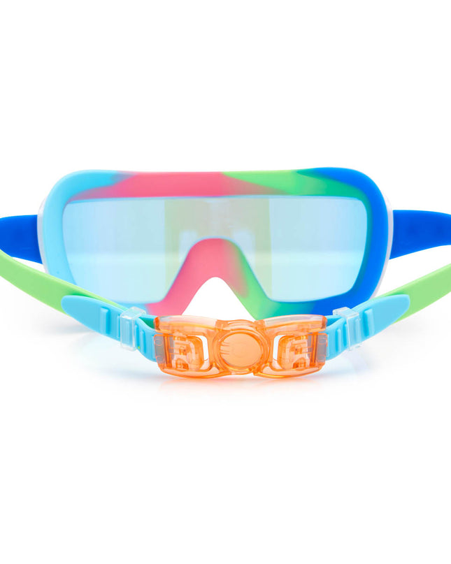back view of prismatic swim goggles in gadget green showing strap and back clip