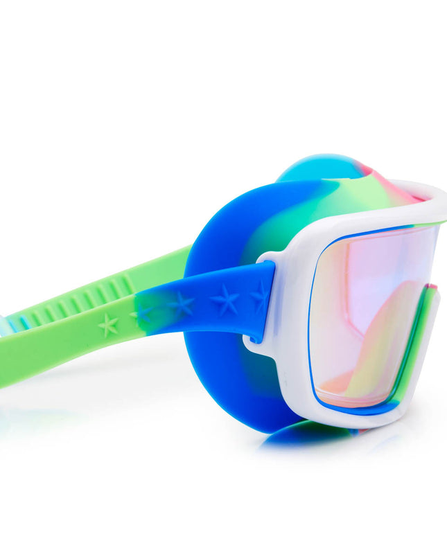 close-up view of prismatic swim goggles in gadget green showing reflective wide lens and orange, green and blue colored silicone gasket