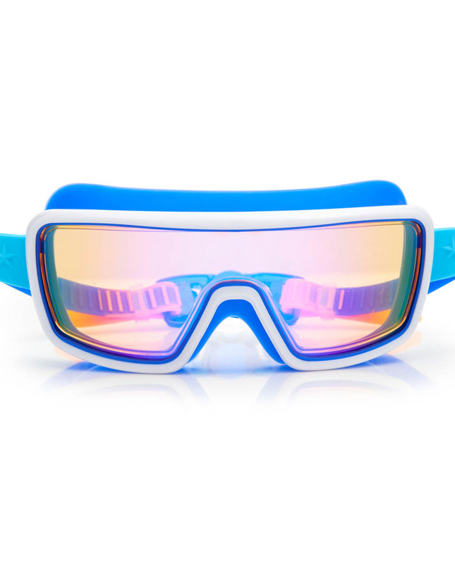 prismatic swim goggles in nanobot navy showing blue colored silicone gasket and tinted lens