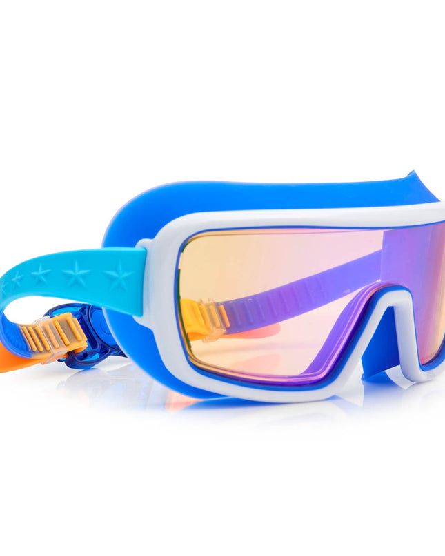 angled view of prismatic swim goggles in nanobot navy showing blue colored silicone gasket and tinted lens