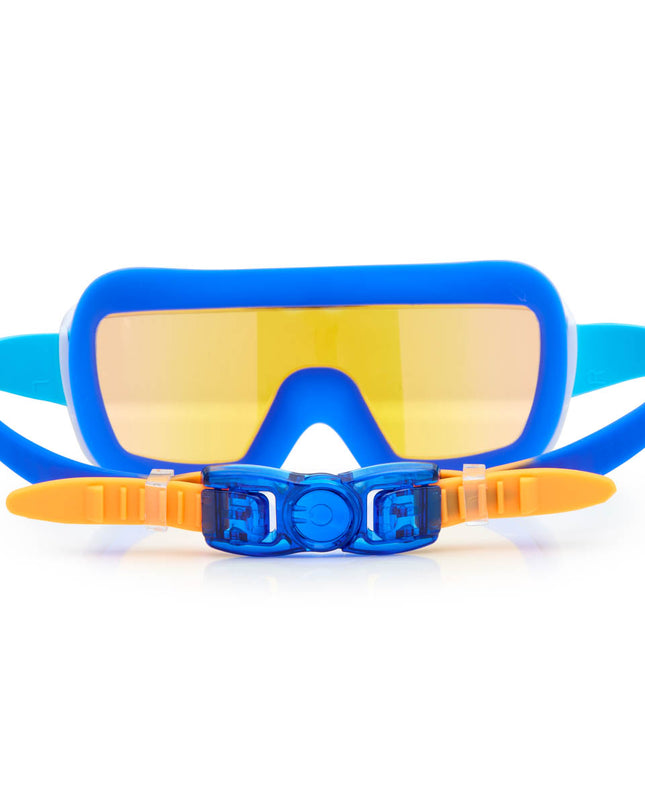 back view of prismatic swim goggles in nanobot navy showing strap and back clip
