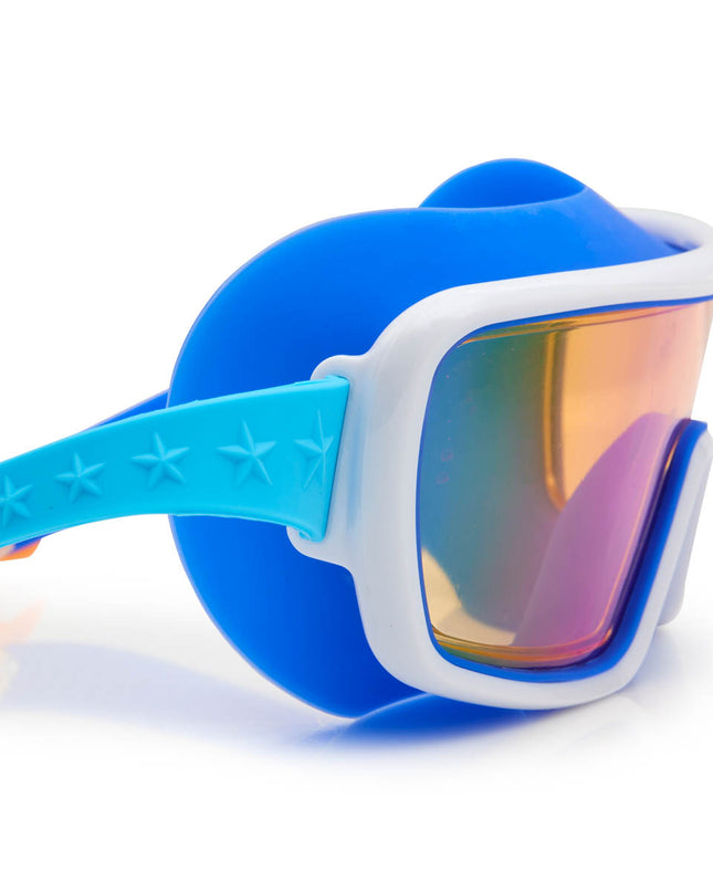 close-up view of prismatic swim goggles in nanobot navy showing blue colored silicone gasket and tinted lens