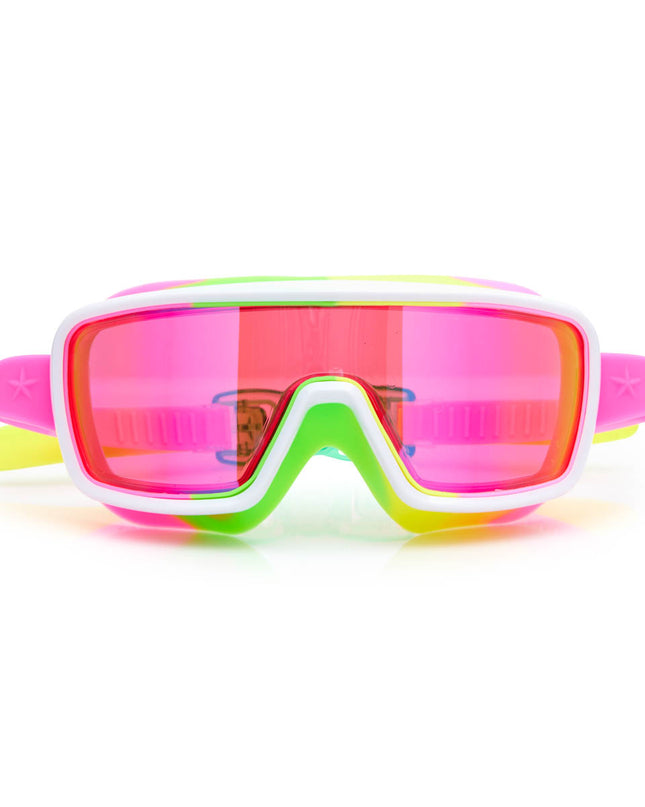 chromatic kids swim goggles in multicolored melon showing a hot pink lens tint and melon colored swirl silicone gasket
